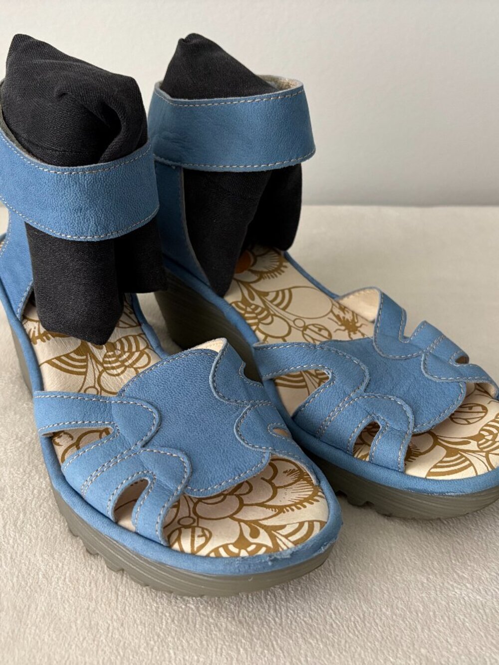 Fly London - Blue Leather Wedge Sandals